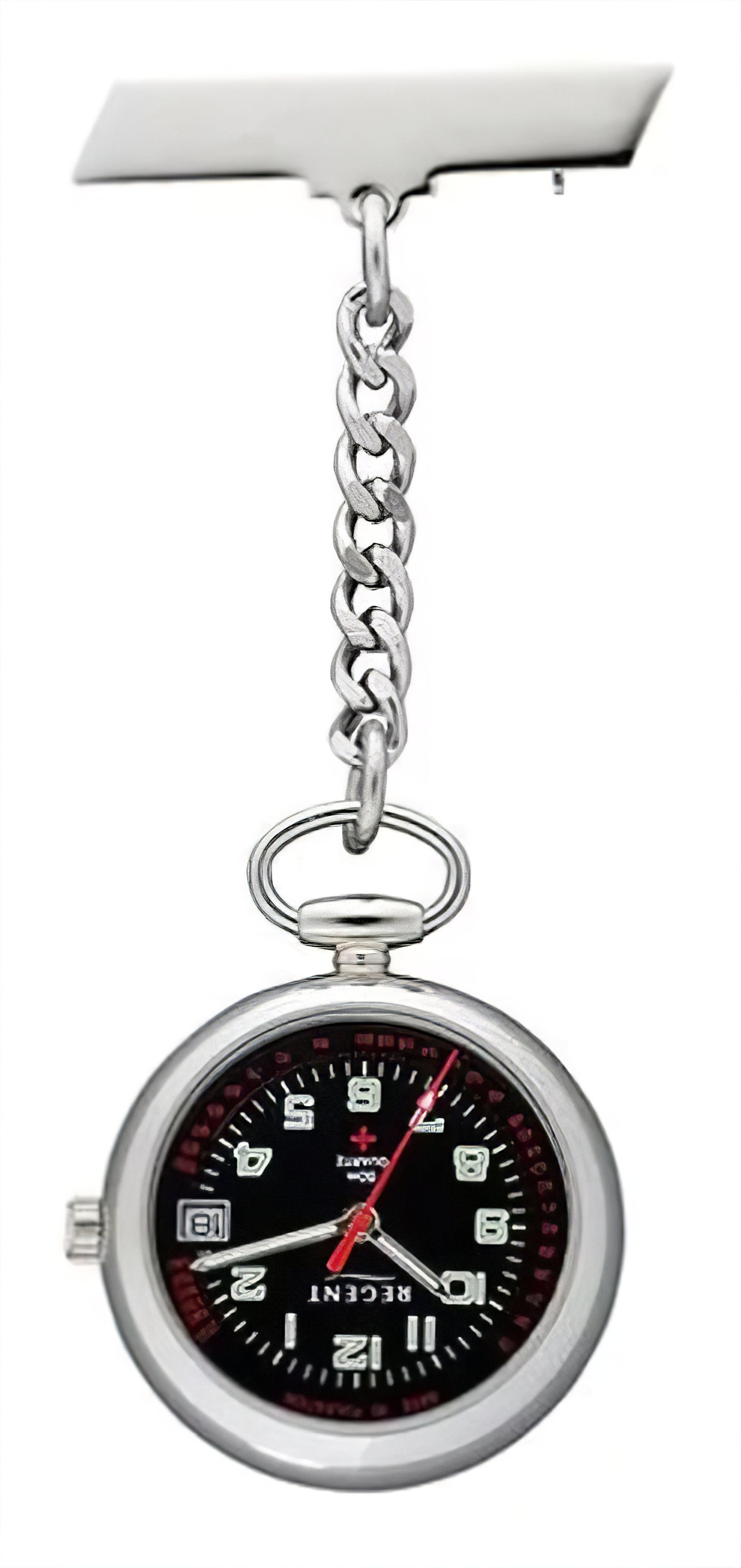 Regent P753 Taschenuhr mit silberner Kette und Zifferblatt, runde Gehäuseform