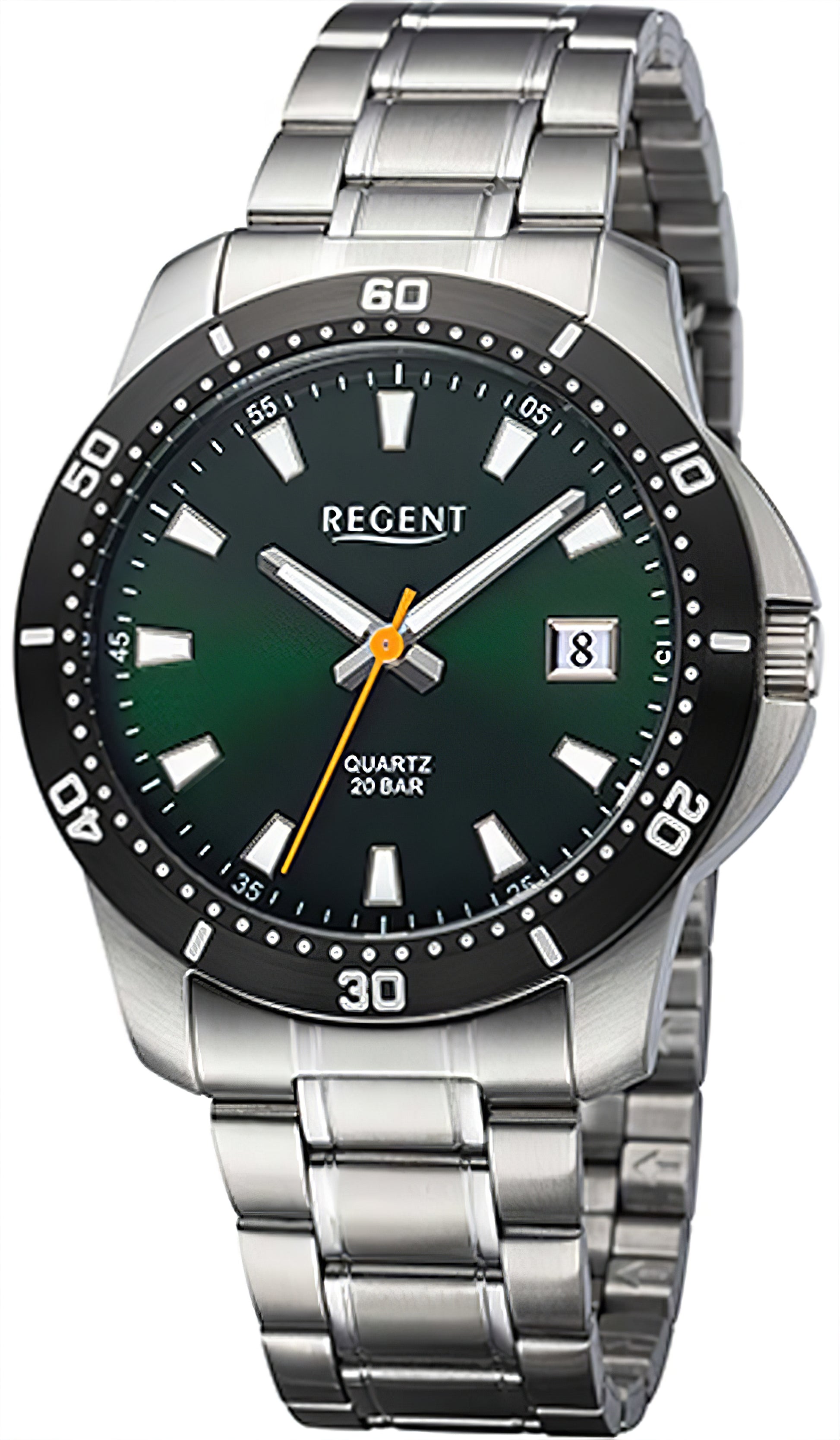 Regent Taucheruhr Herren, Edelstahlband, dunkelgrünes Zifferblatt, Datumsfenster, Lünette