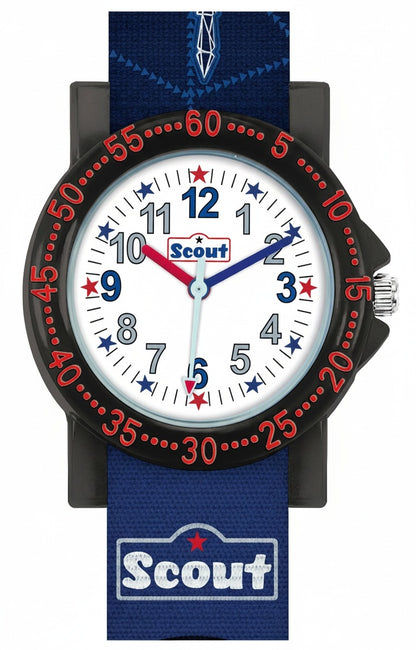 Kinderuhr mit Lernzifferblatt: weißes Ziffernrad, rote Minuteinteilung, blaues Textilband mit Scout-Schriftzug