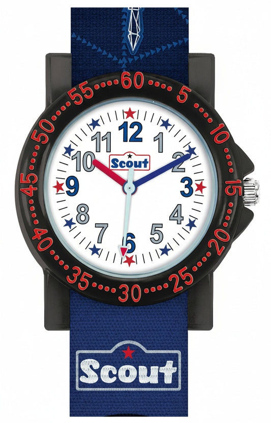 Kinderuhr mit Lernzifferblatt: weißes Ziffernrad, rote Minuteinteilung, blaues Textilband mit Scout-Schriftzug