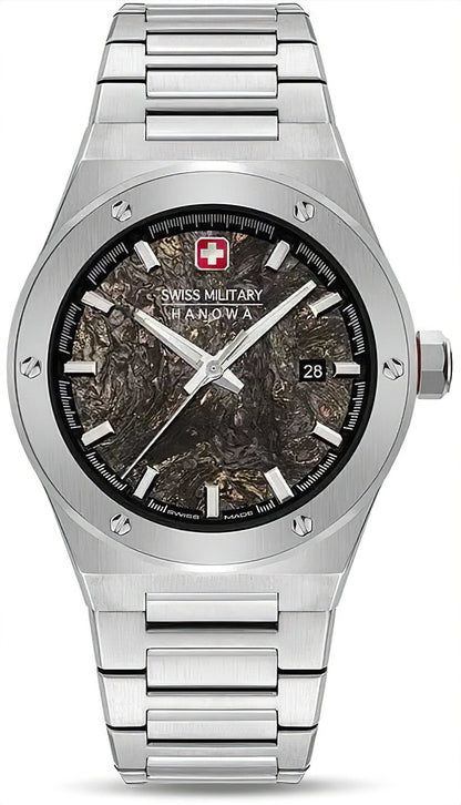 Herrenarmbanduhr mit silbernem Edelstahlarmband, schwarzem Zifferblatt und Datumsanzeige