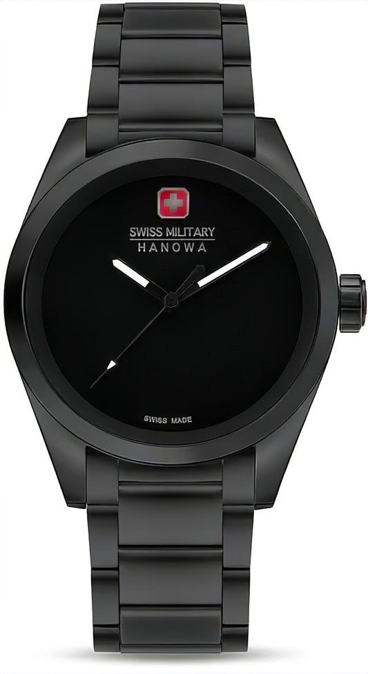 Schwarze Swiss Military Hanowa Herrenuhr mit rundem Zifferblatt und schwarzem Metallarmband