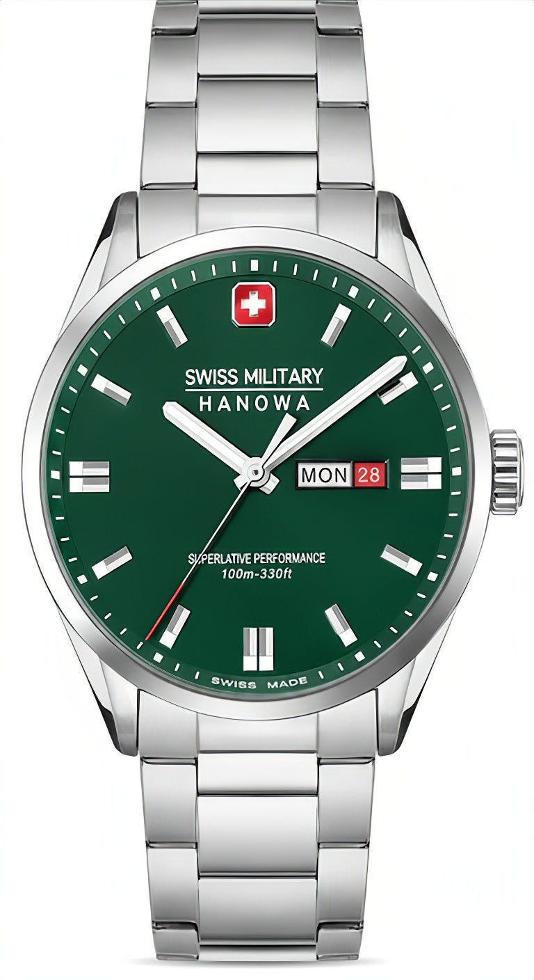 Swiss Military Hanowa Roadrunner Maxed Herrenuhr mit grünem Zifferblatt, Stahlband, Datumsanzeige
