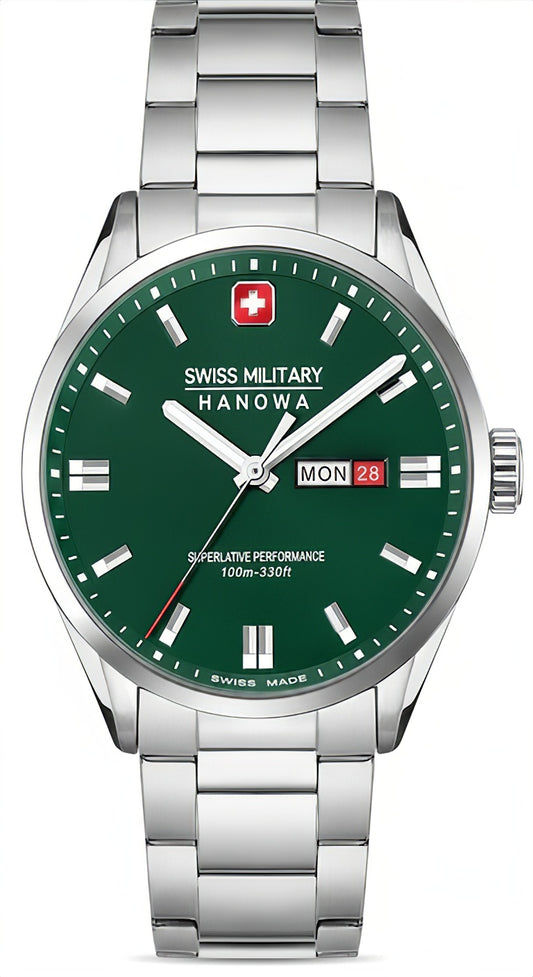 Swiss Military Hanowa Roadrunner Maxed Herrenuhr mit grünem Zifferblatt, Stahlband, Datumsanzeige