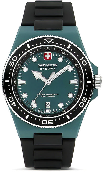 Swiss Military Hanowa Ocean Pioneer Herrenuhr mit schwarzem Kautschukband, türkisfarbenem Zifferblatt