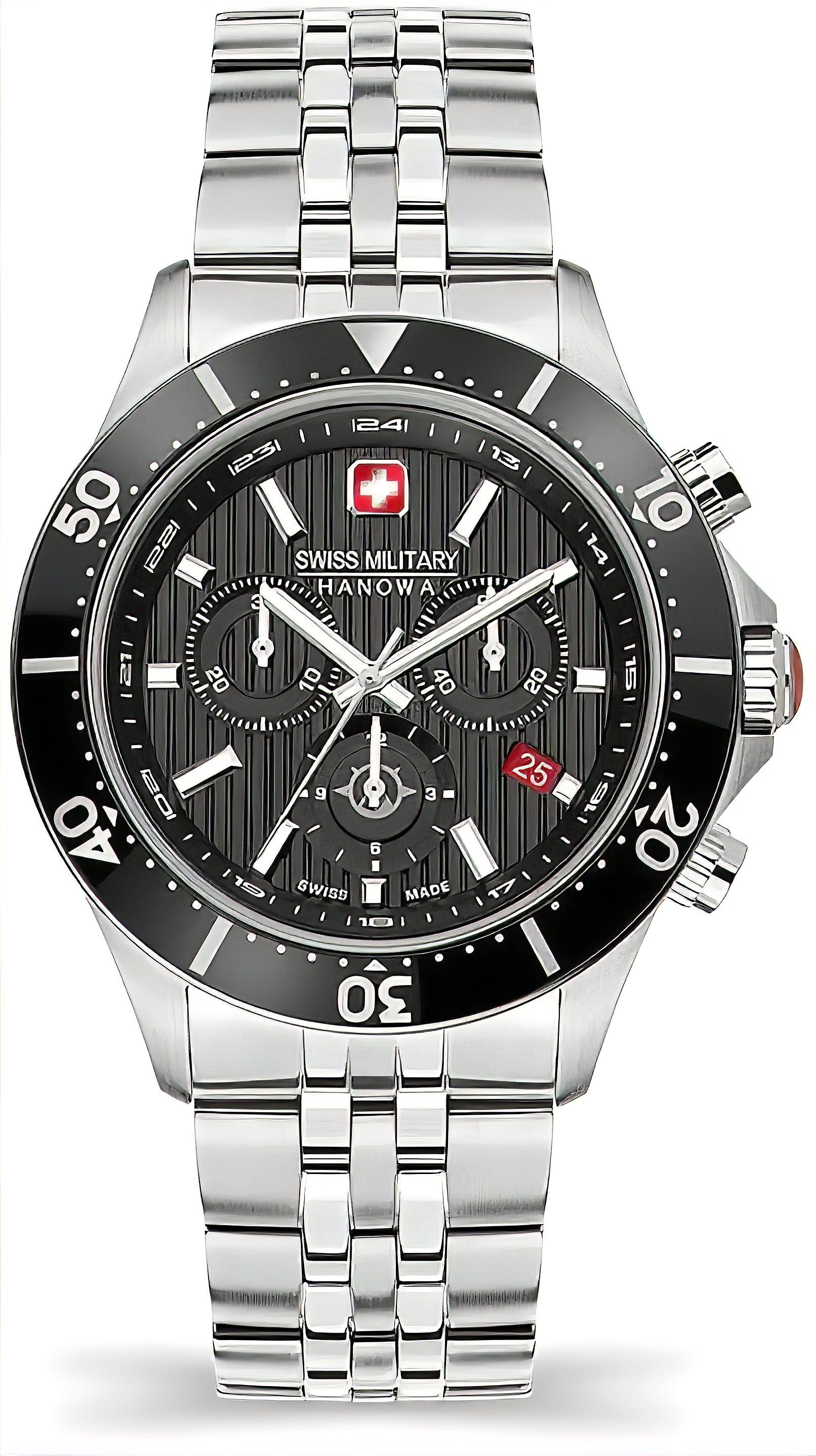 Herrenarmbanduhr mit schwarzem Chronographenzifferblatt und Metallarmband (Stahl)