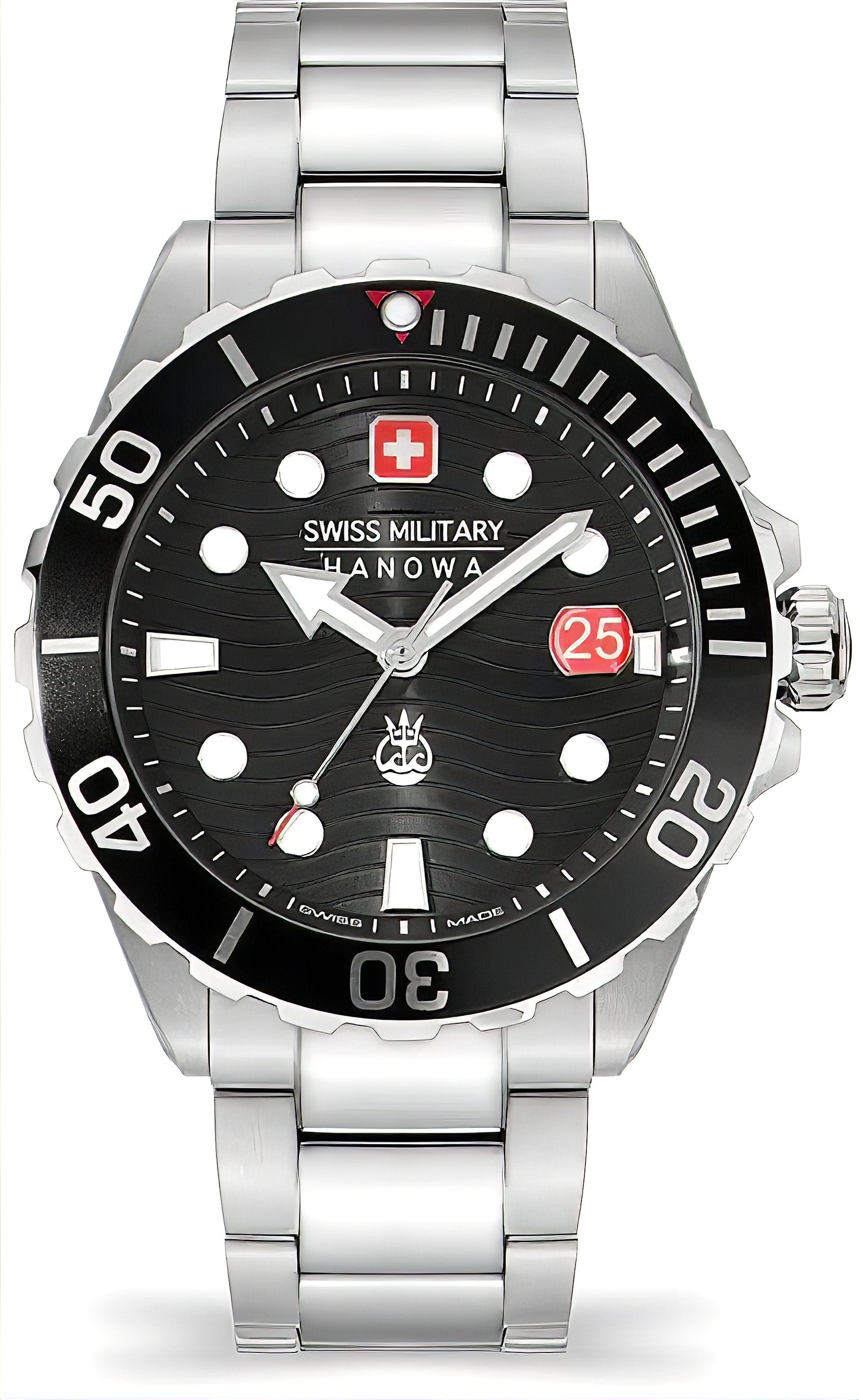 Herrenarmbanduhr mit silbernem Edelstahlband, schwarzem Zifferblatt und rotem Akzent