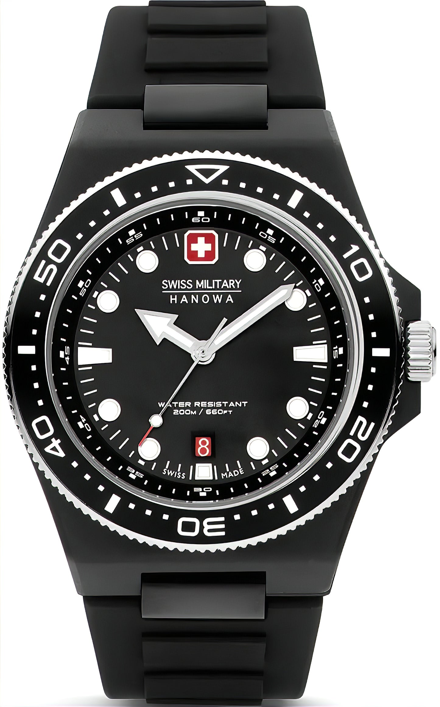 Swiss Military Herrenarmbanduhr mit schwarzem Zifferblatt, schwarzer Lünette und Silikonband