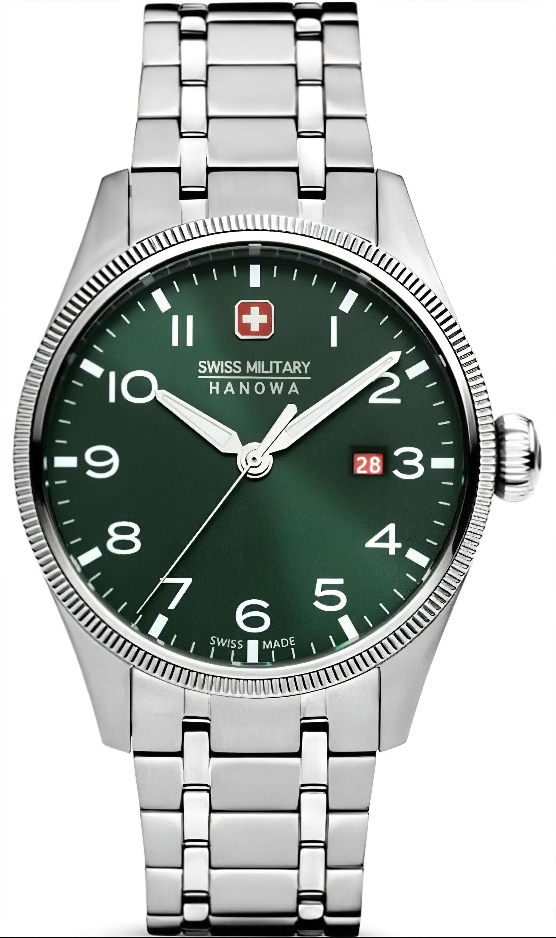 Swiss Military Herrenarmbanduhr mit grünem Zifferblatt, Datumsanzeige, Edelstahlband