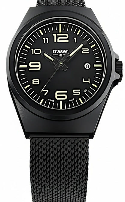 Traser Herrenarmbanduhr mit schwarzem Zifferblatt, Leuchtindizes und Metall-Mesharmband
