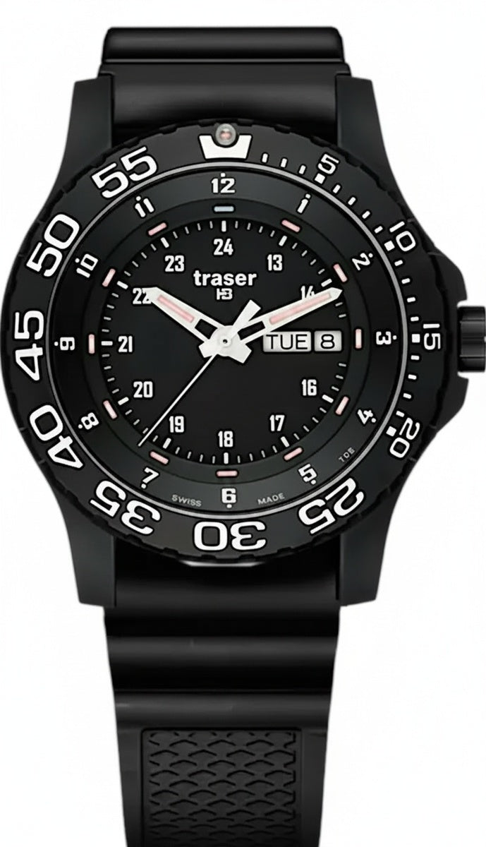 Traser Herrenarmbanduhr P66 Elite mit schwarzem Zifferblatt, Datumsanzeige und Kautschukband
