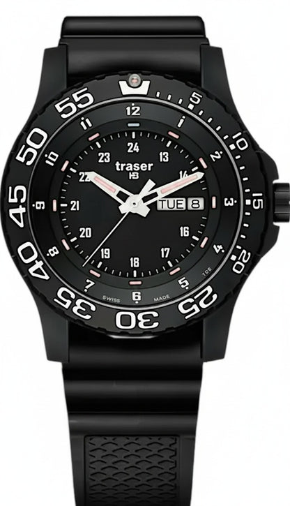 Traser Herrenarmbanduhr P66 Elite mit schwarzem Zifferblatt, Datumsanzeige und Kautschukband