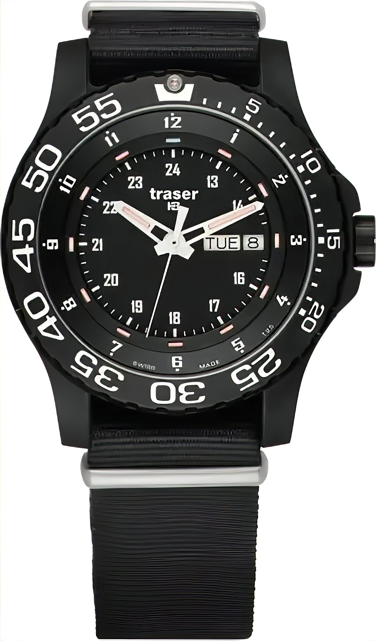 Traser Herrenuhr mit schwarzem Armband, schwarzem Zifferblatt und Datumsanzeige