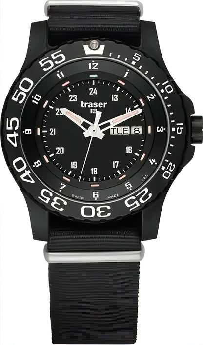 Traser Herrenuhr mit schwarzem Armband, schwarzem Zifferblatt und Datumsanzeige