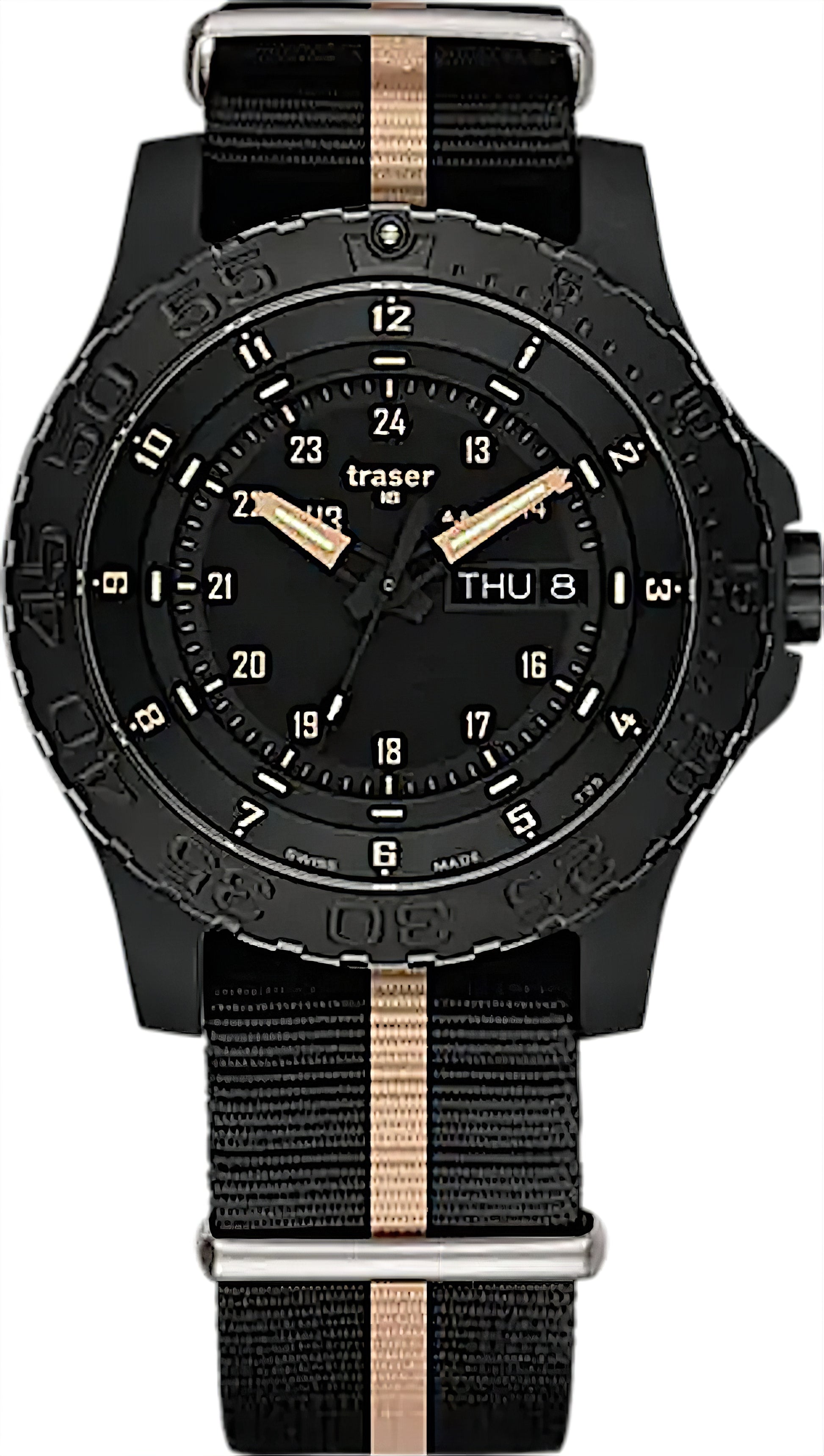 Traser P66 Herrenarmbanduhr mit schwarzem Zifferblatt und Stoffarmband mit beigem Mittelstreifen
