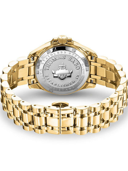 Goldfarbene Damenarmbanduhr mit Schraubboden und Schriftzug auf dem Gehäuse