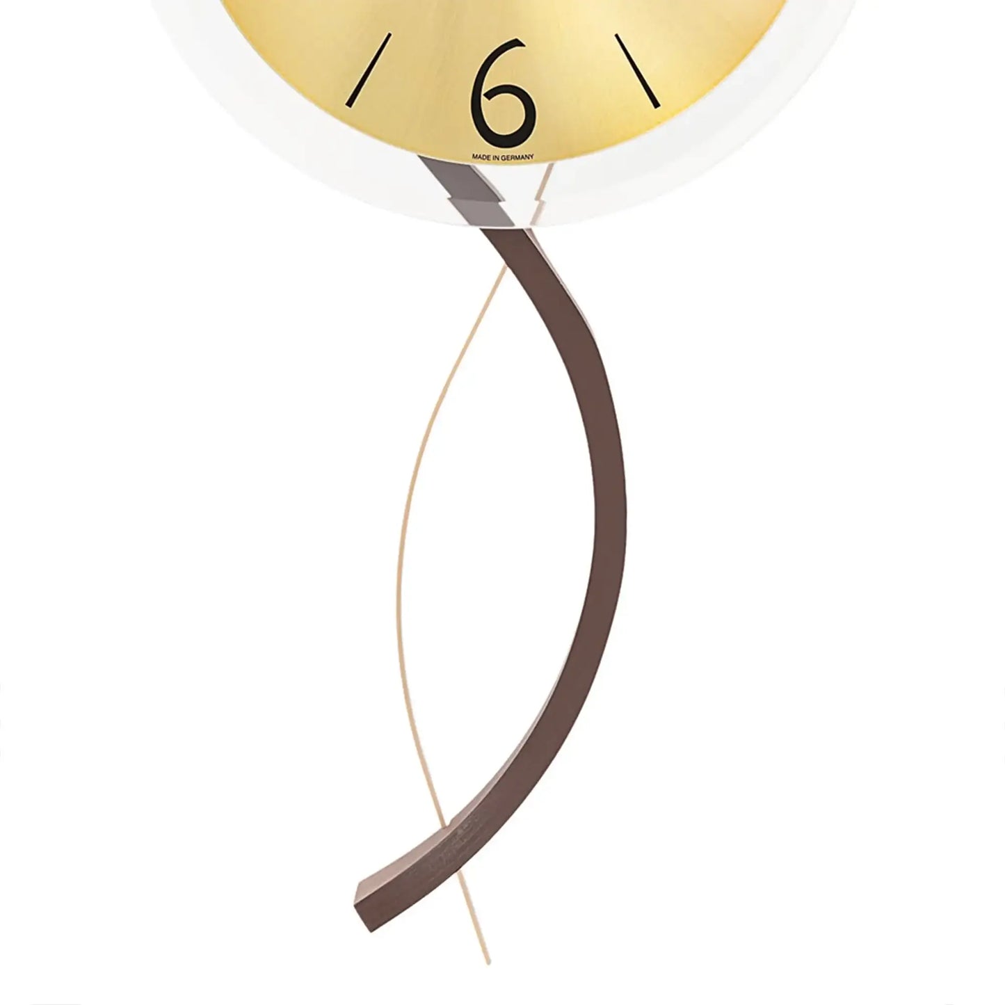 Horloge murale avec cadran rond doré, aiguilles noires et boîtier sombre bombé