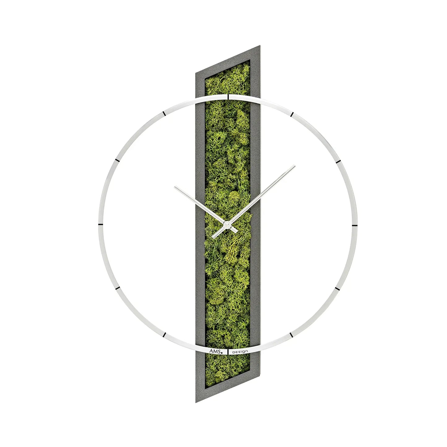 Horloge murale avec cadre en bois, incrustation de mousse verticale, cadran blanc et aiguilles
