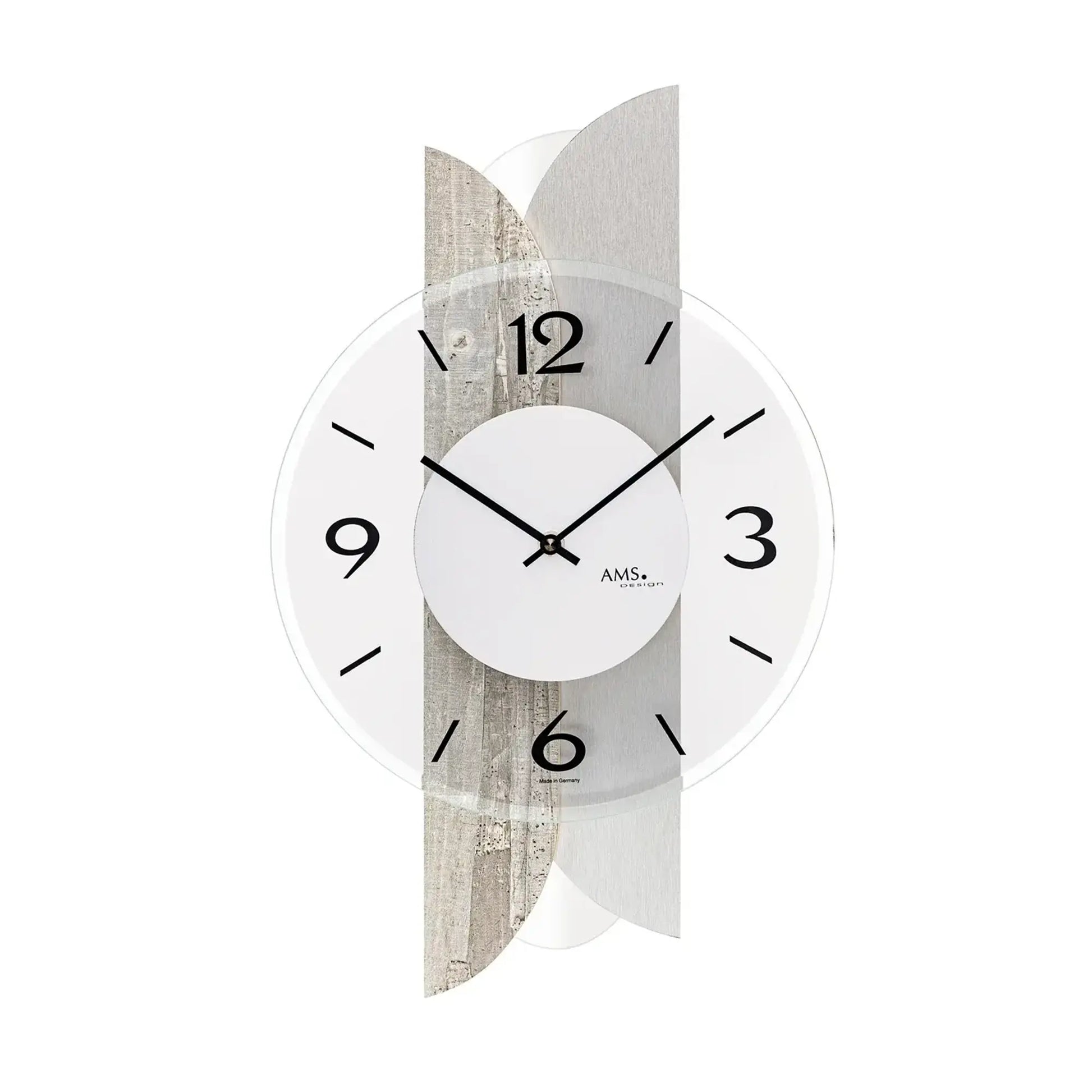 Wanduhr mit Betonstruktur, weißem Ziffernblatt und schwarzen Zeigern, AMS-Logo