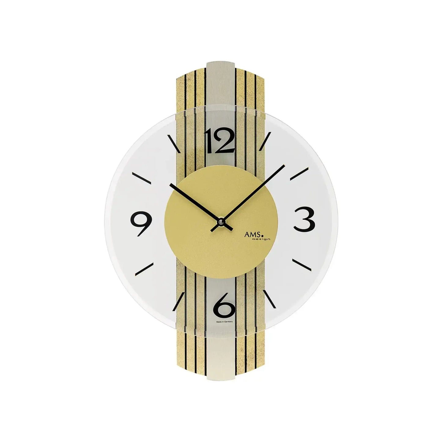 Wanduhr mit gelbem Ziffernblatt, schwarzer Zeitanzeige, goldfarbenem Holzgehäuse im Vintage-Look