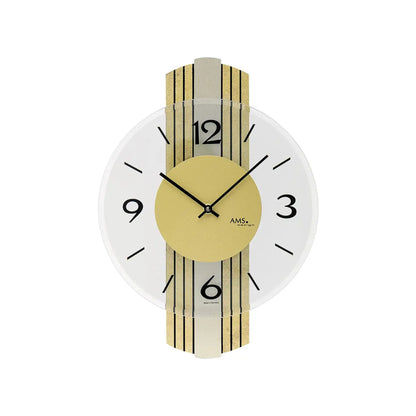 Wanduhr mit gelbem Ziffernblatt, schwarzer Zeitanzeige, goldfarbenem Holzgehäuse im Vintage-Look