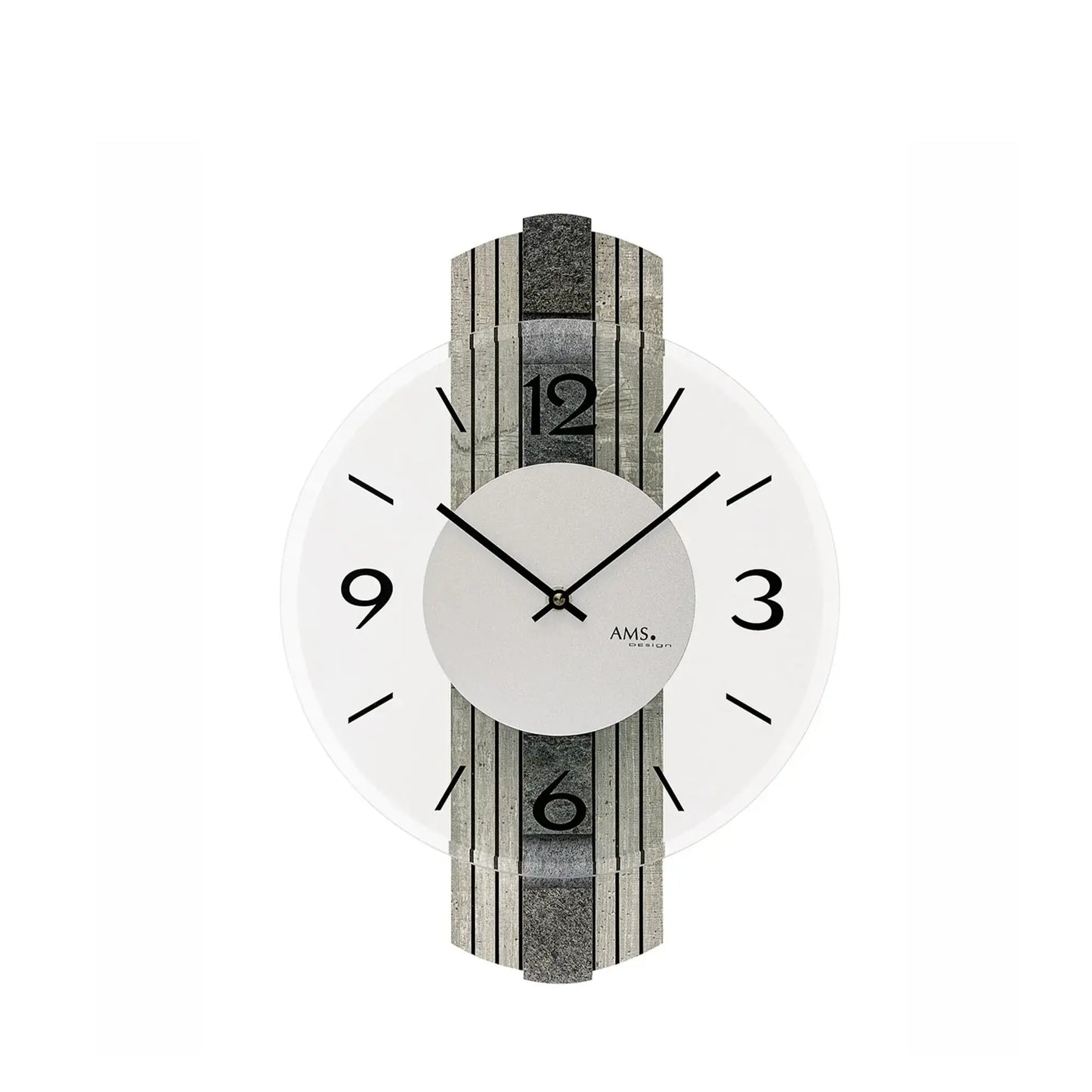 Wanduhr mit grauer Steinstruktur, Mineralglas-Facetten, schwarzen Zeigern und Ziffern