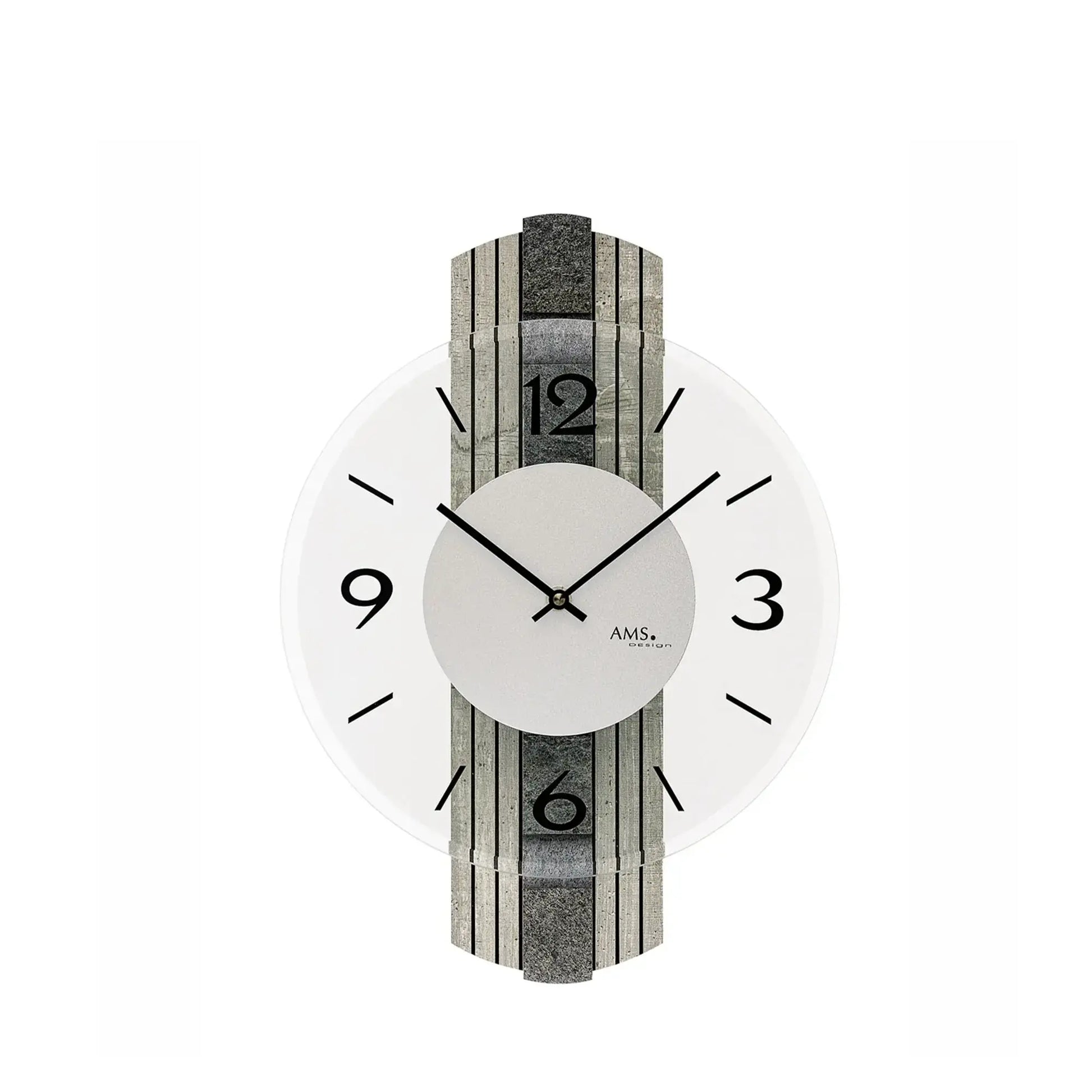 Wanduhr mit grauer Steinstruktur, Mineralglas-Facetten, schwarzen Zeigern und Ziffern