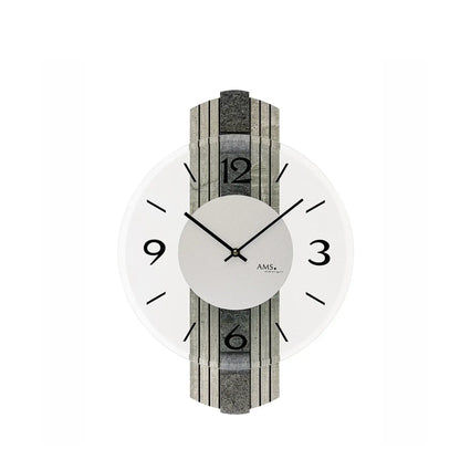 Wanduhr mit grauer Steinstruktur, Mineralglas-Facetten, schwarzen Zeigern und Ziffern