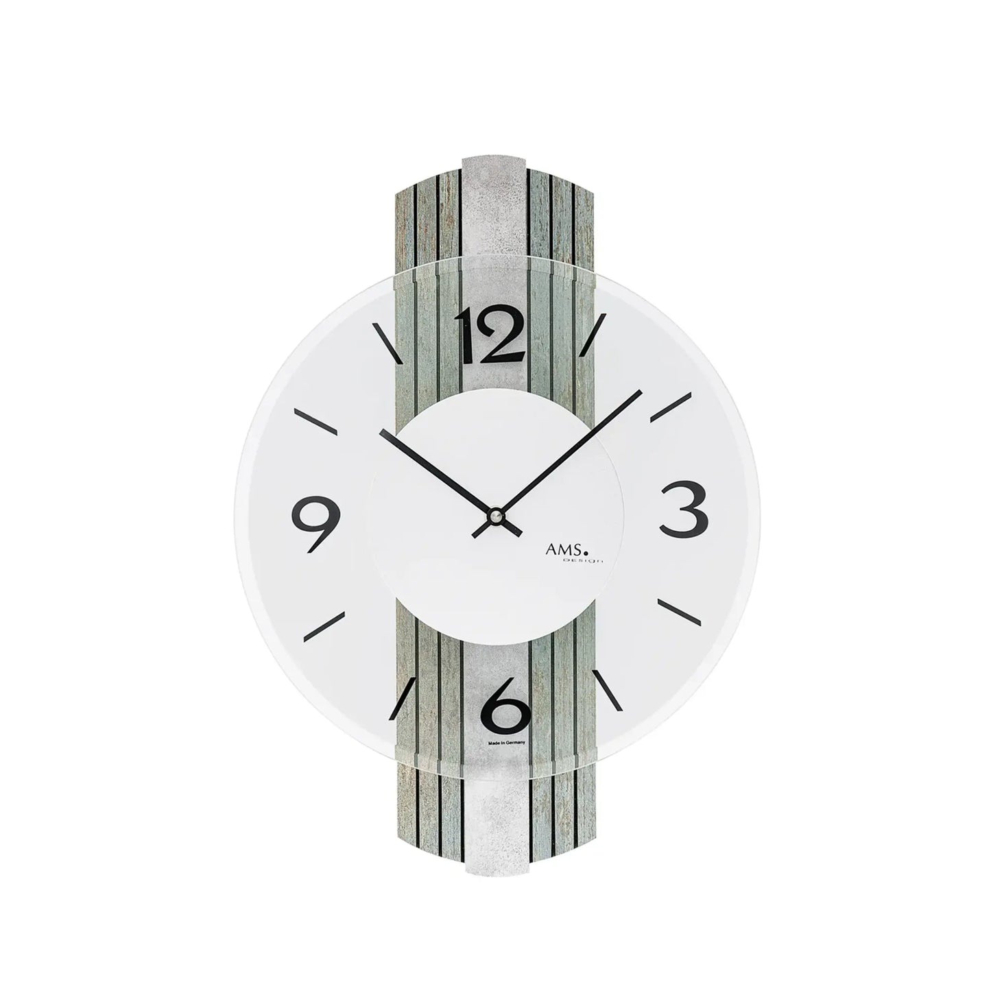 Wanduhr mit Holzdekor, facettiertem Mineralglas und silberantiker Optik
