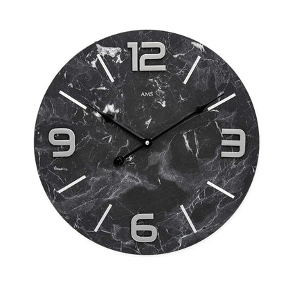 Runde Wanduhr mit anthrazitfarbenem Marmormuster-Zifferblatt und Metallziffern