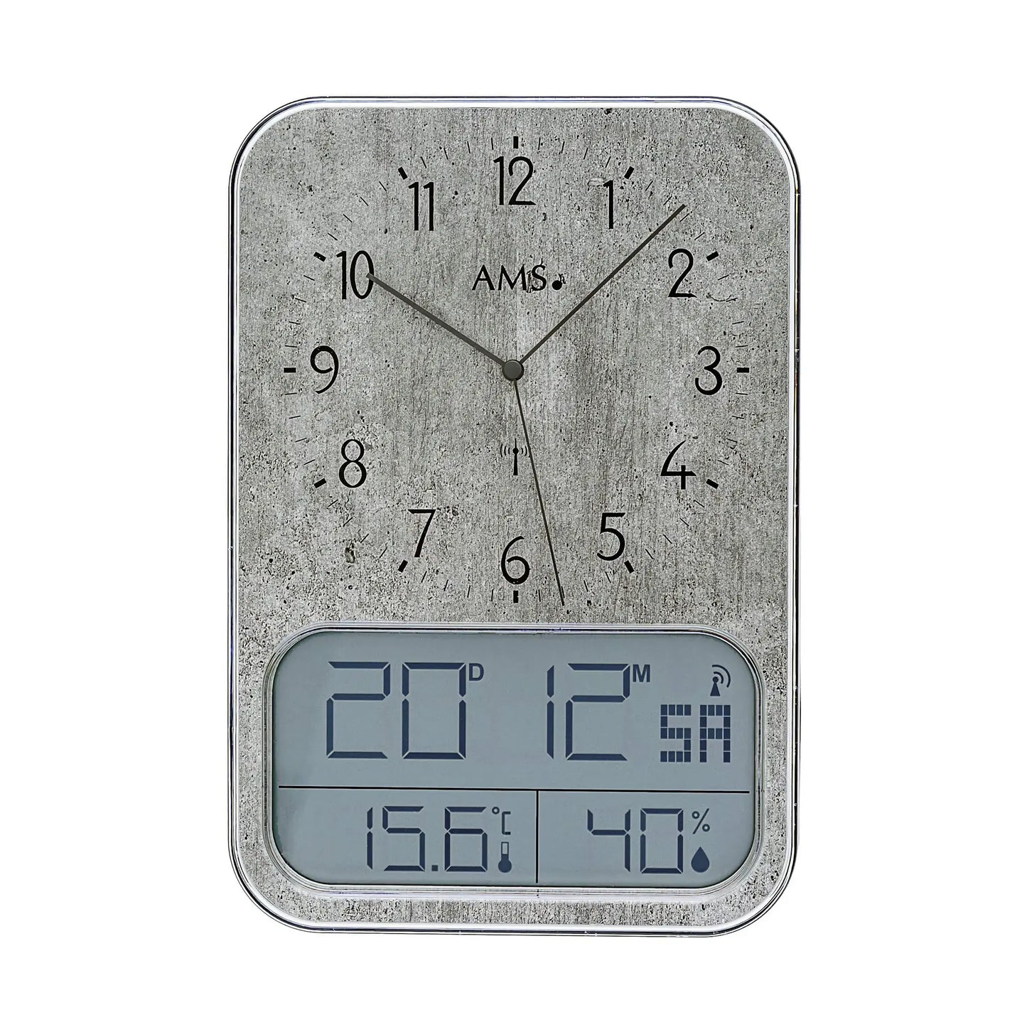 Wanduhr mit analogem Zifferblatt und Digitaldisplay, zeigt Zeit, Temperatur und Luftfeuchtigkeit