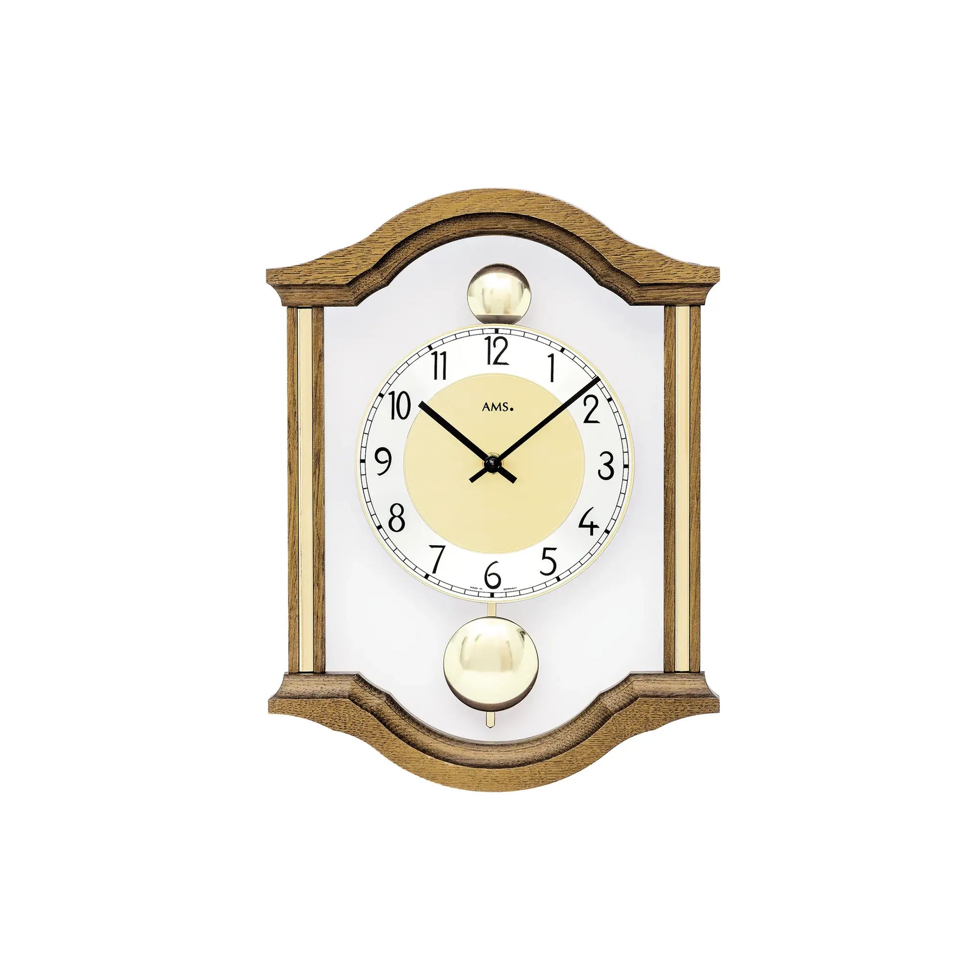 AMS Wanduhr mit Eichenholzrahmen, weißem Zifferblatt und Pendel