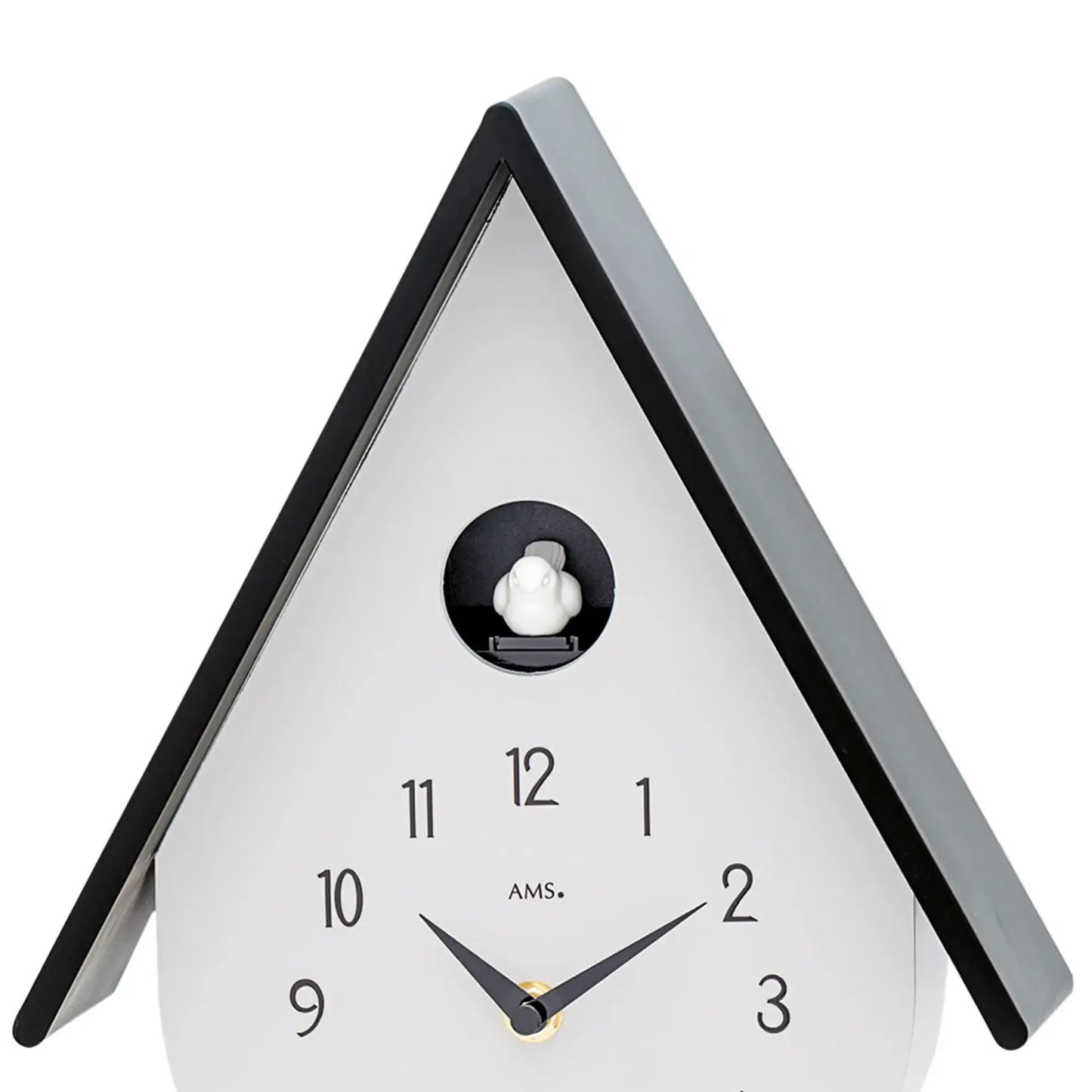 Horloge murale AMS forme goutte, côtés gris clair, cadre noir, motif coucou au-dessus des chiffres