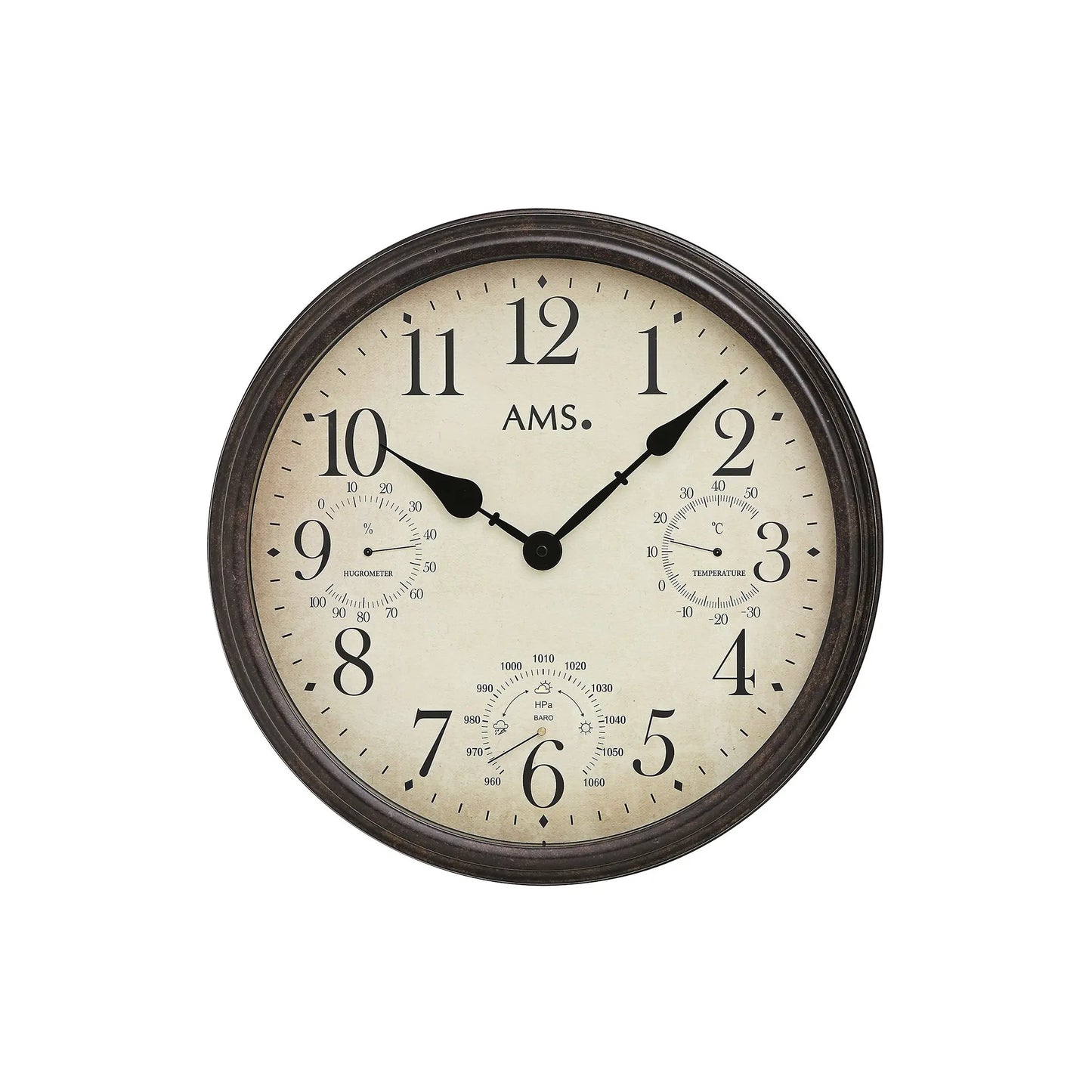 Zegar ścienny AMS W9463 Braun • Wskaźnik temperatury, wilgotności i ciśnienia powietrza • Obudowa metalowa ze szkłem mineralnym