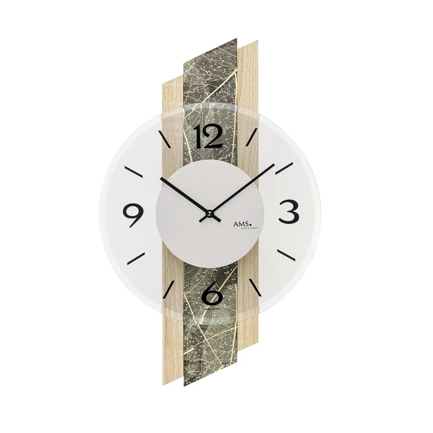 Wanduhr: weißes Zifferblatt, schwarze Zeiger, AMS; Sonoma-Eiche mit Steinoptik