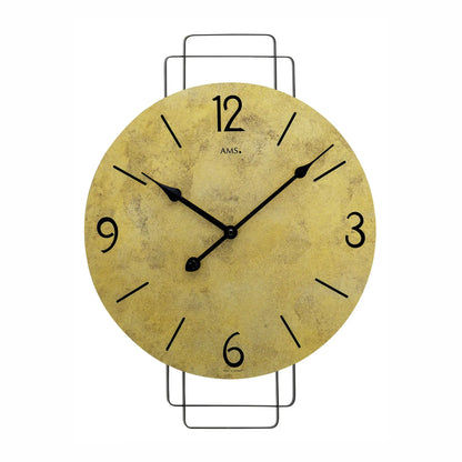 AMS Quarz-Wanduhr mit gelbem Vintage-Zifferblatt, schwarzen Zeigern und Metallgehäuse