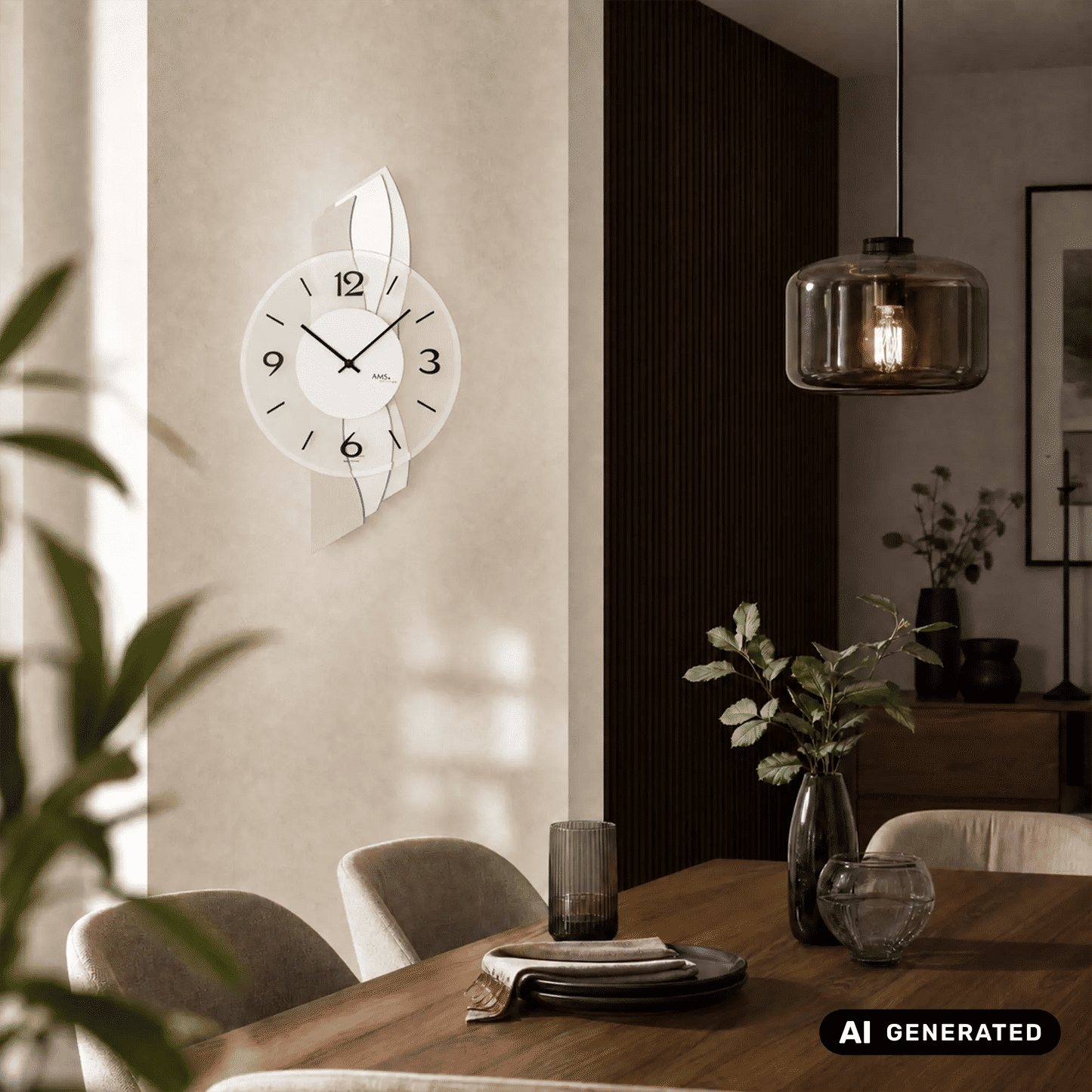 Wanduhr für die Wand: weißes Zifferblatt mit schwarzen Ziffern, schwarzen Zeigern und AMS-Logo