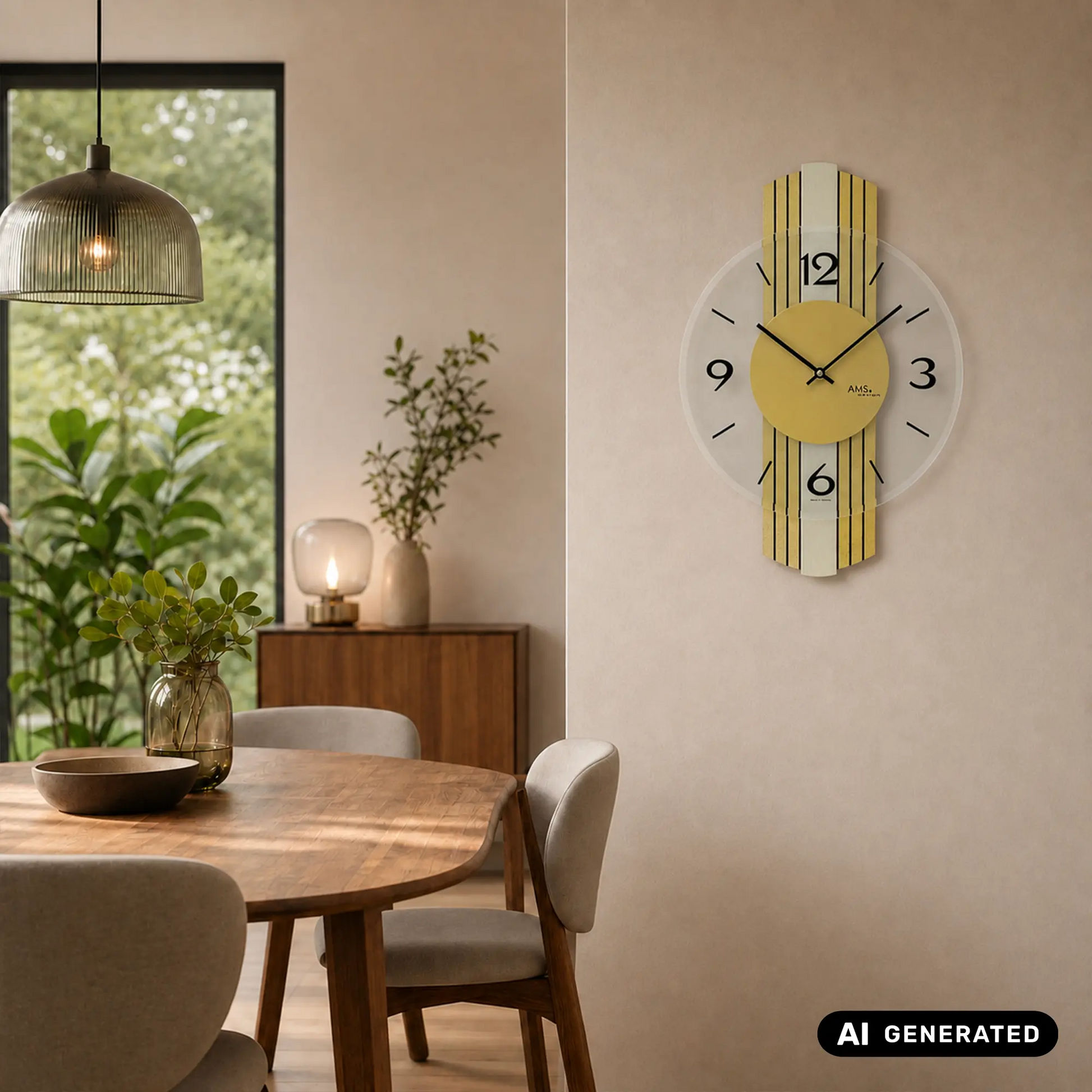 Wanduhr an der Wand mit gelbem Ziffernblatt und goldfarbenem Holzgehäuse, schwarze Stundenmarkierungen