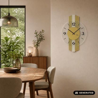 Wanduhr an der Wand mit gelbem Ziffernblatt und goldfarbenem Holzgehäuse, schwarze Stundenmarkierungen