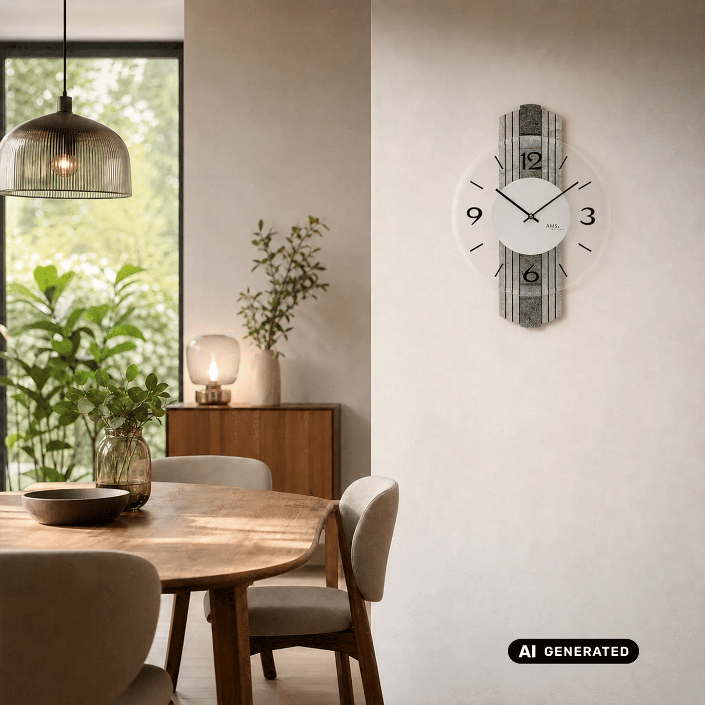 Wanduhr an der Wand mit grauer Steinstruktur und rundem Zifferblatt, schwarze Zeiger