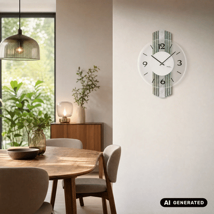 Wanduhr mit Holzdekor-Elementen, facettiertem Mineralglas und silberantiken Ziffern