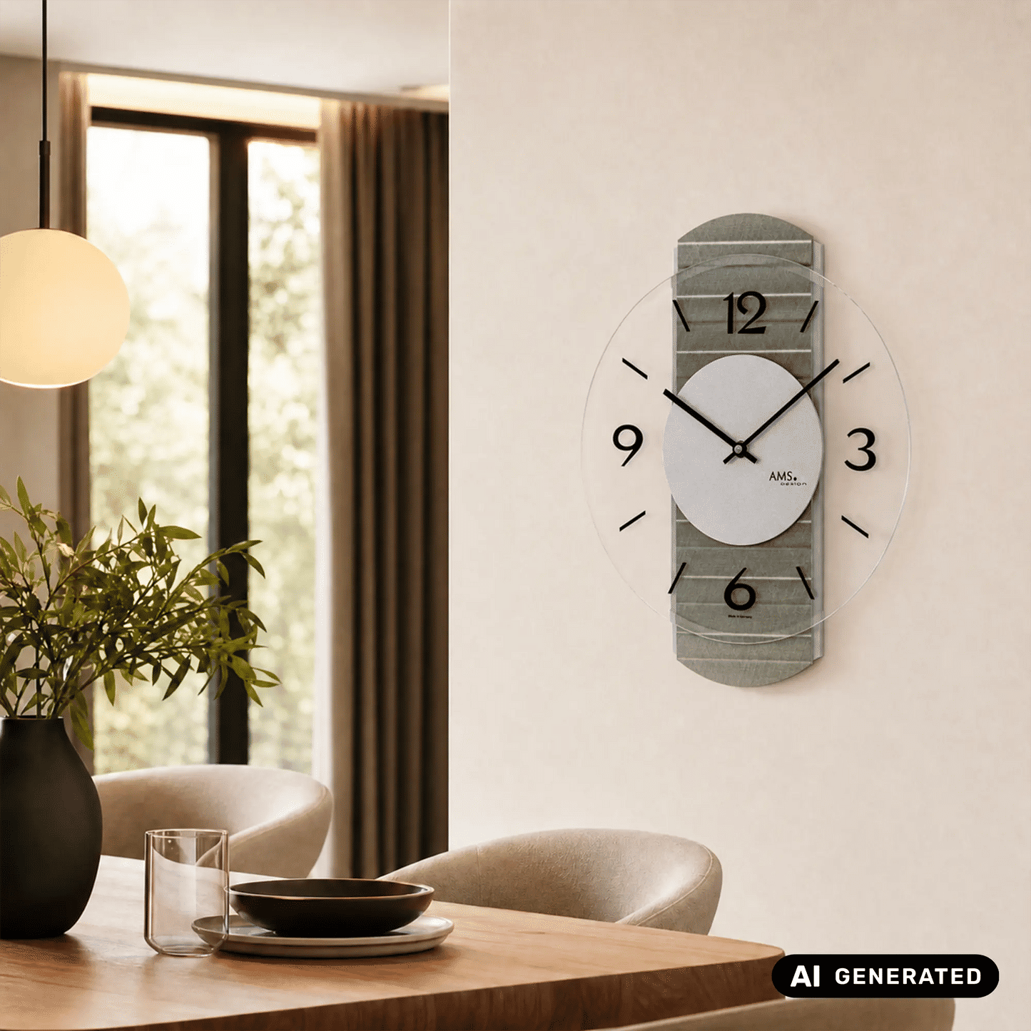 Wanduhr mit grauem Gehäuse und Facettenglas-Abdeckung, schwarze Zeiger und Ziffern