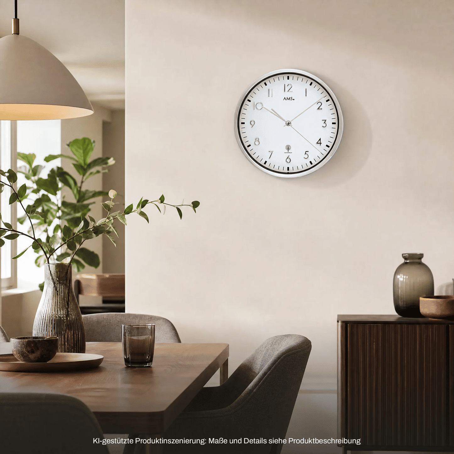 Horloge murale à quartz avec cadre rond en métal, cadran blanc et chiffres noirs