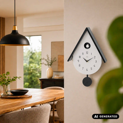 Hellgraue Wanduhr im Kuckucksuhr-Design mit Pendeluhrwerk und rundem Pendel
