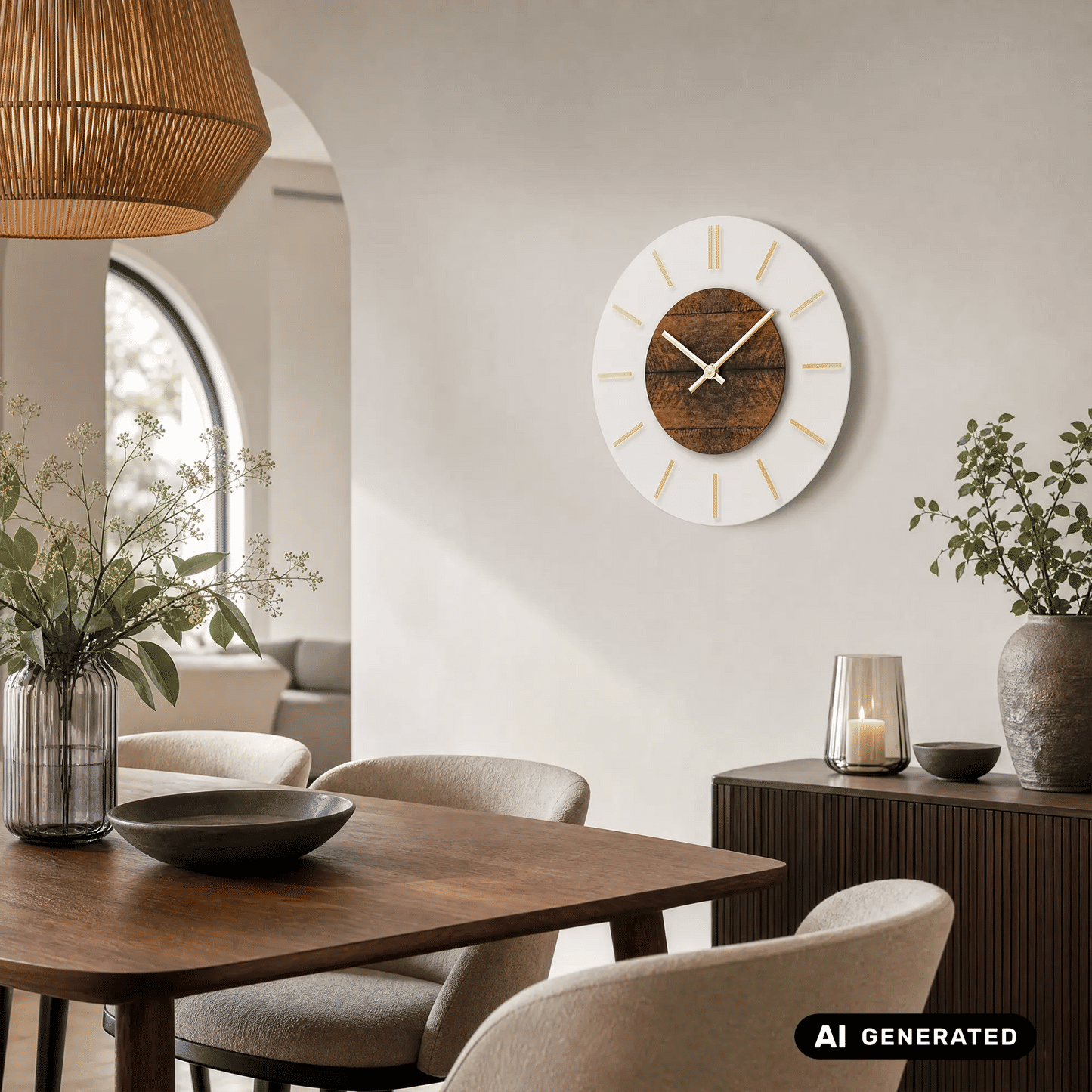 Runde Wanduhr: weißes Rahmengehäuse, Holz-Zifferblatt, goldene Indexe und Zeiger