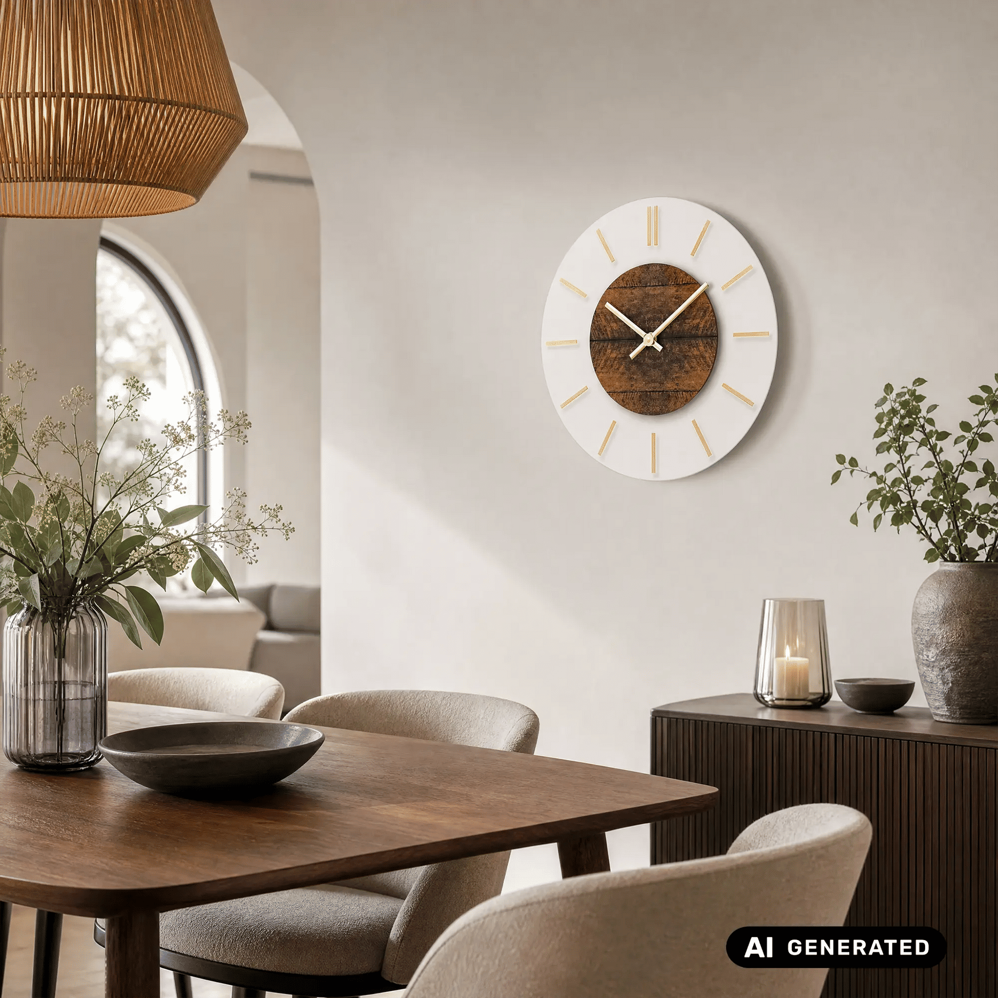 Runde Wanduhr: weißes Rahmengehäuse, Holz-Zifferblatt, goldene Indexe und Zeiger