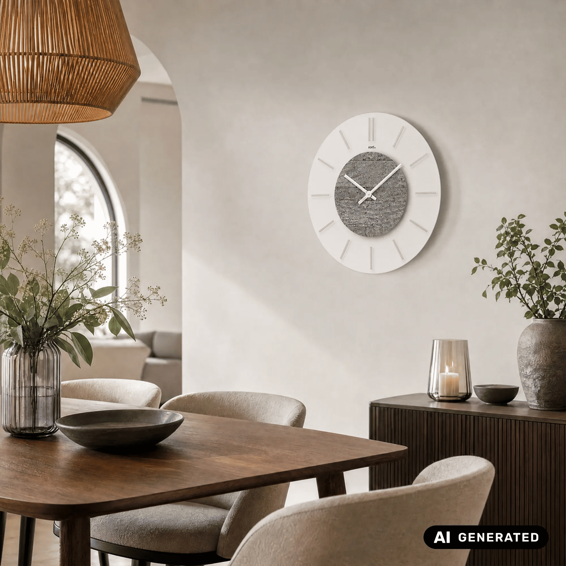 Runde Wanduhr an der Wand mit weißem Rand, grauem Stein-Zifferblatt und silbernen Zeigern