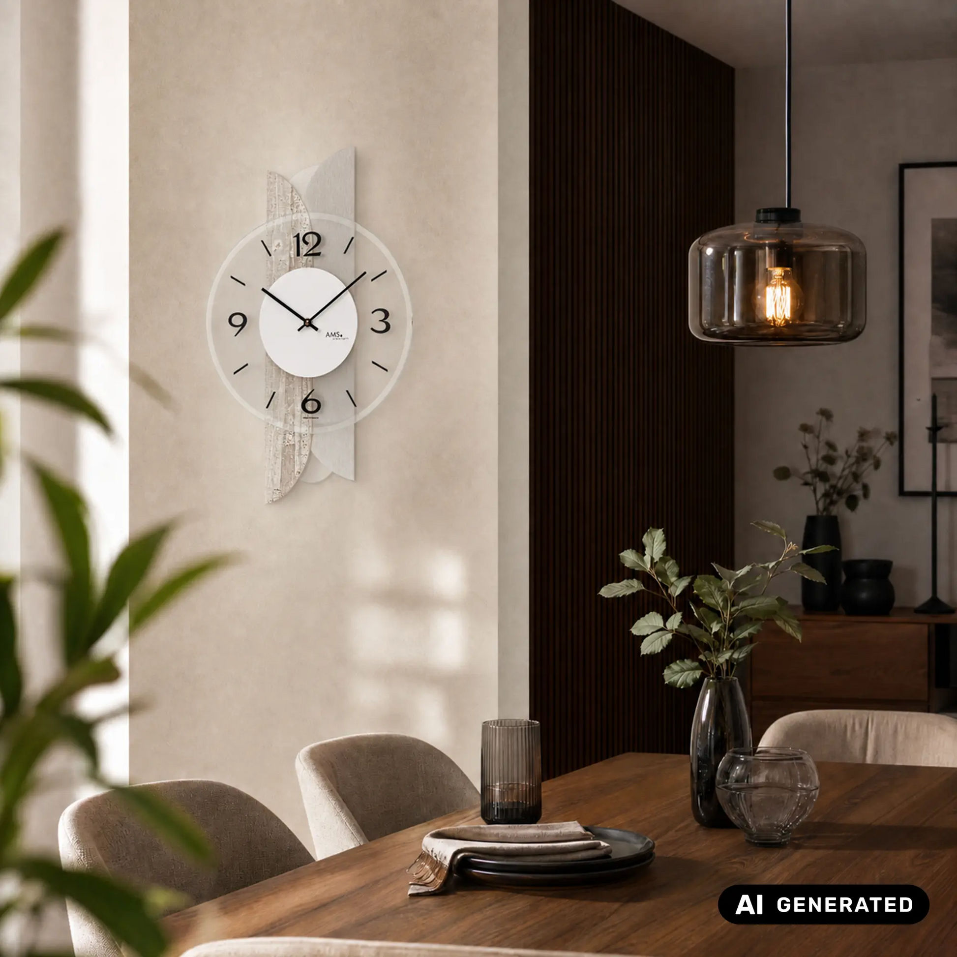 Wanduhr an der Wand mit rundem weißem Zifferblatt, schwarzen Ziffern und Zeigern; Holz mit Glas
