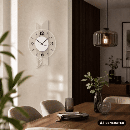 Wanduhr an der Wand mit rundem weißem Zifferblatt, schwarzen Ziffern und Zeigern; Holz mit Glas