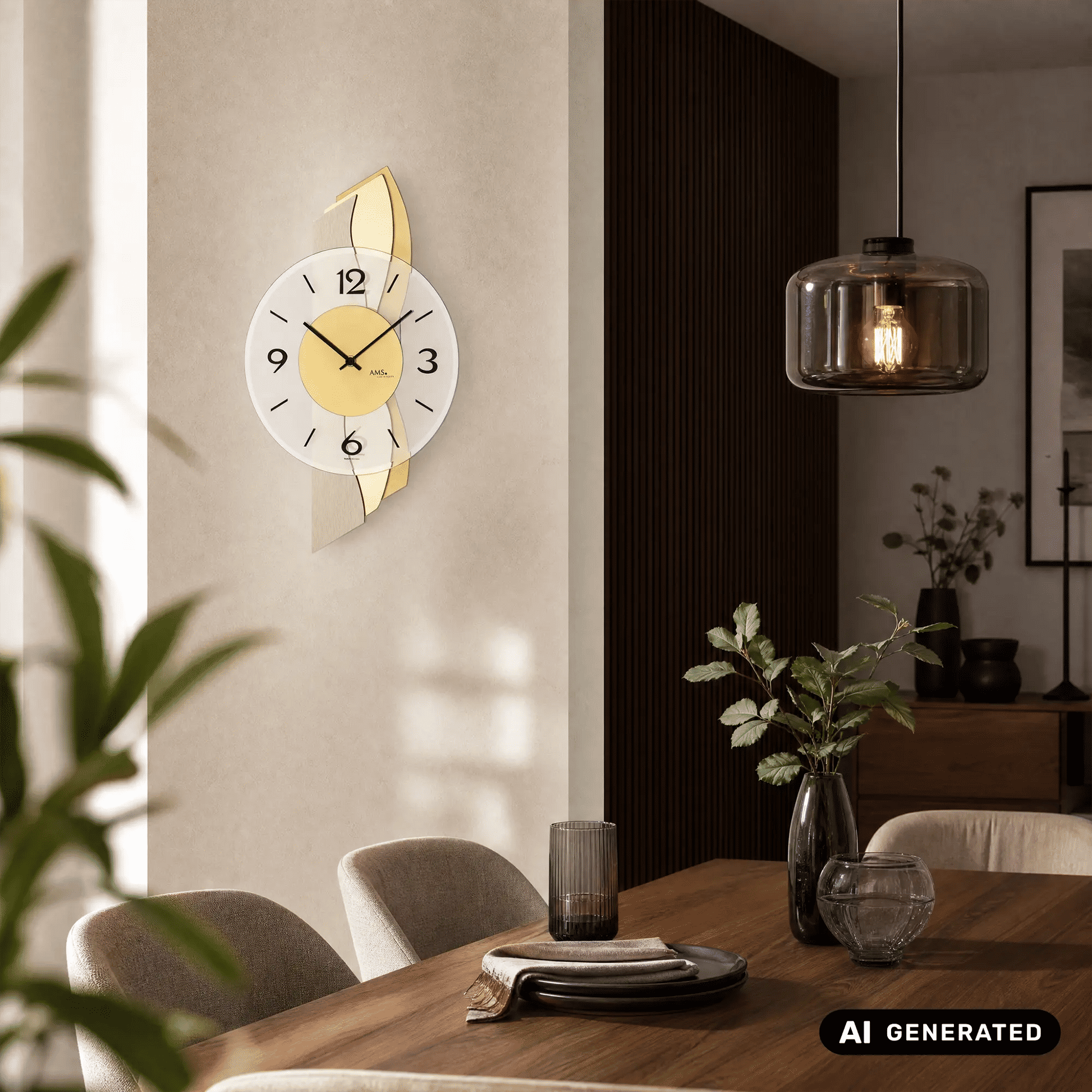 Wanduhr mit weißem Zifferblatt, goldfarbenen Holz- und Messingakzenten sowie schwarzem Zeiger